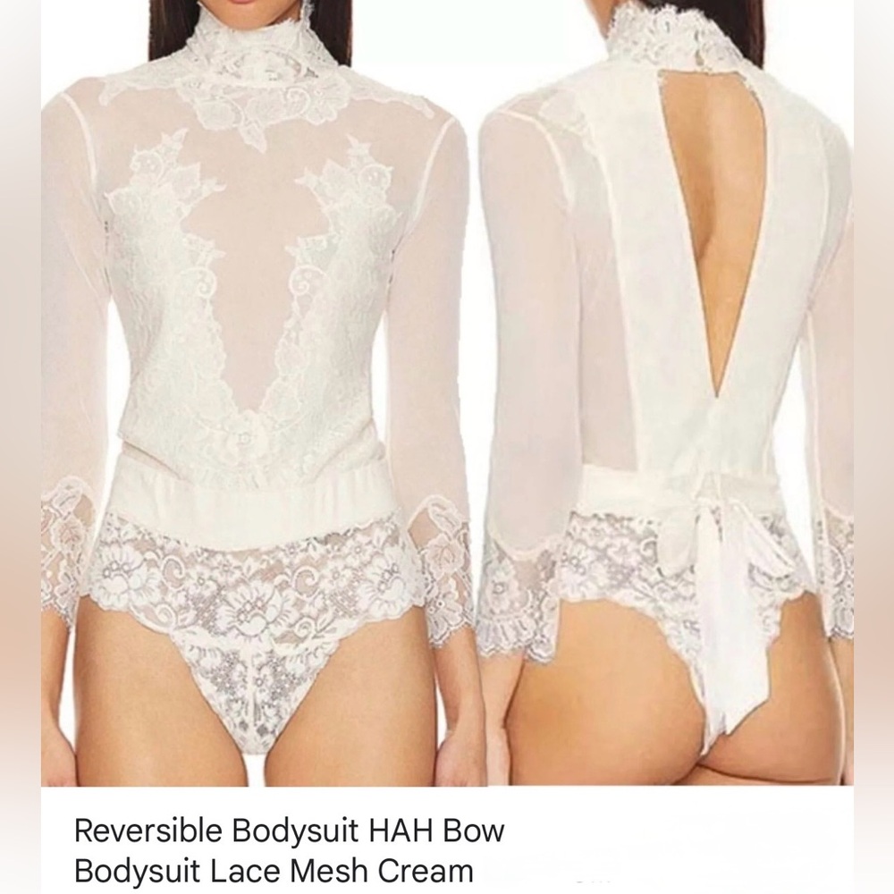 Lace Mesh Turtleneck Bodysuit in Cream